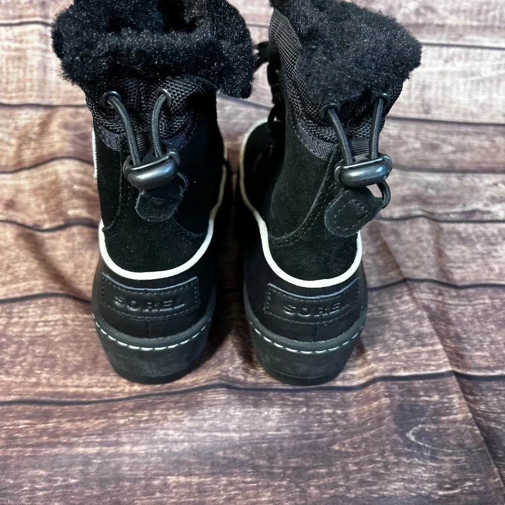 Sorel Whitney Short Lace Black Waterproof Winter Boots Faux Fur Size 3
